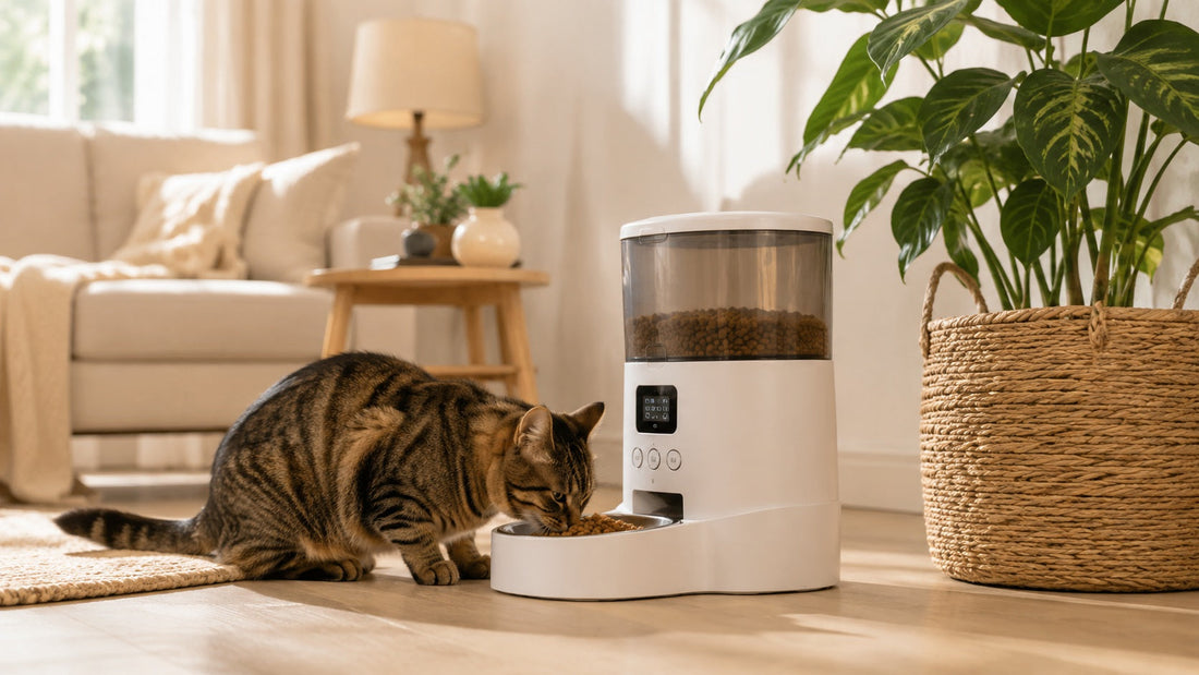 Cat eating from automatic feeder while owner is away