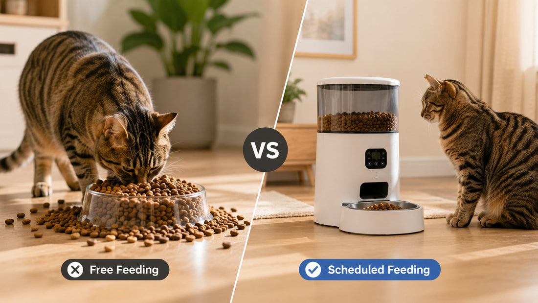 Cat eating scheduled meal from automatic feeder