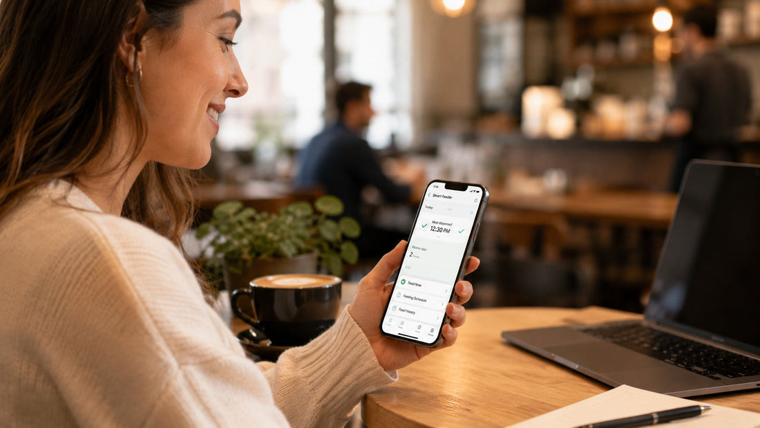 Pet owner checking automatic feeder app while at work