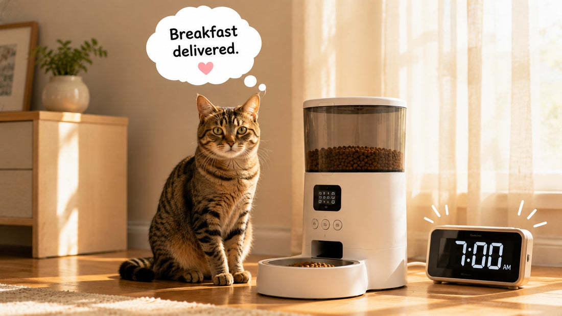 Cat sitting on owner in the morning demanding food before automatic feeder