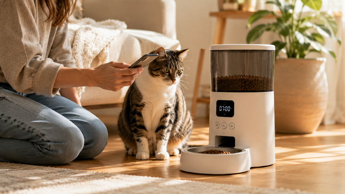 Cat next to automatic feeder at home while owner is away at work