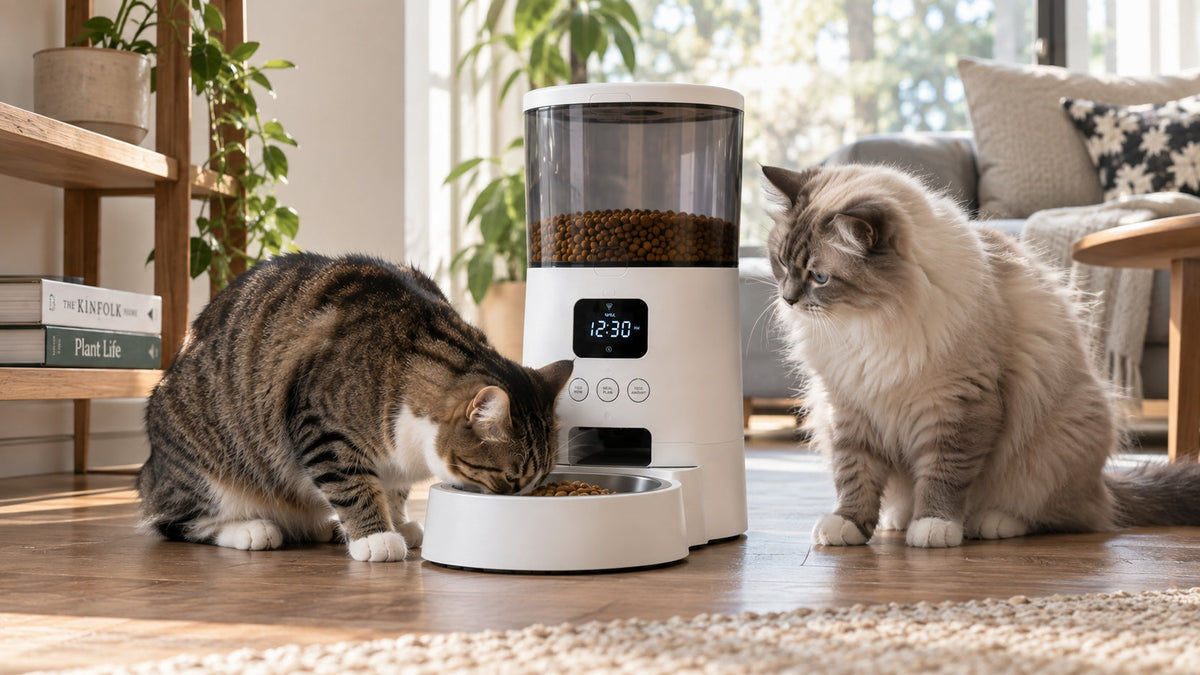 Two cats eating from separate automatic feeders in a multi-cat household