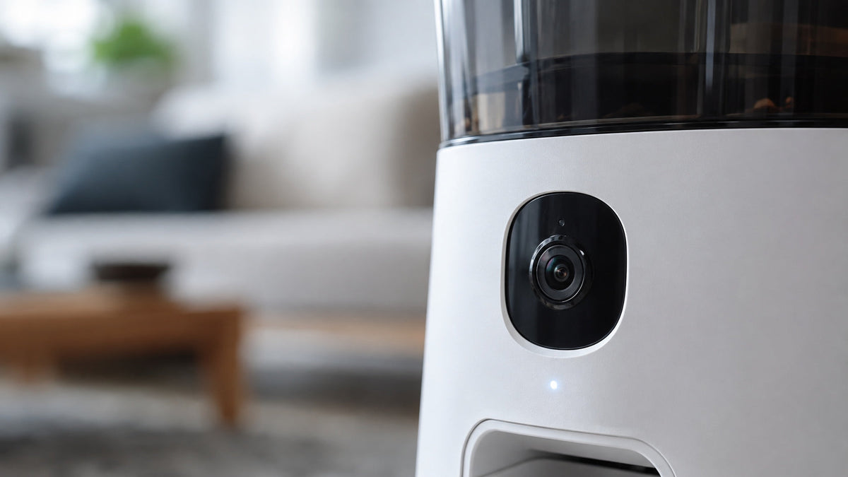 Camera cat feeder app showing live view on smartphone with privacy considerations