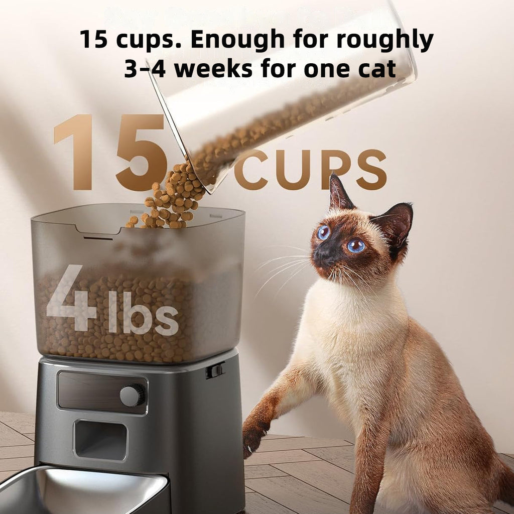 Tajrah 4L Automatic Cat Feeder WiFi App Control Portion Control No Camera Dual Power